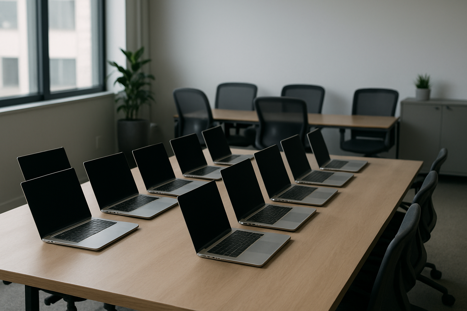 A fleet of new laptops ready for deployment